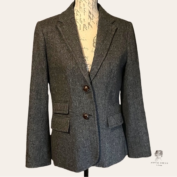 J Crew Gray & Black Herringbone 100% Wool Jacket Size 10